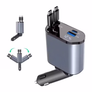 Fast Charging Car Phone Station Charger 4 in 1 LED Digital Display Retractable 2 Cables Type C PD Quick Adapter